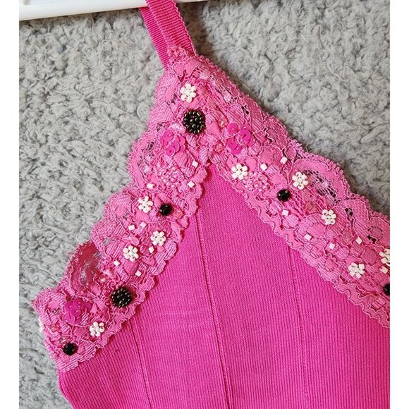 Yuka Women's Size PL Sleeveless Camisole Tank Top Beaded Sequin Lace Trim Pink - Picture 4 of 15